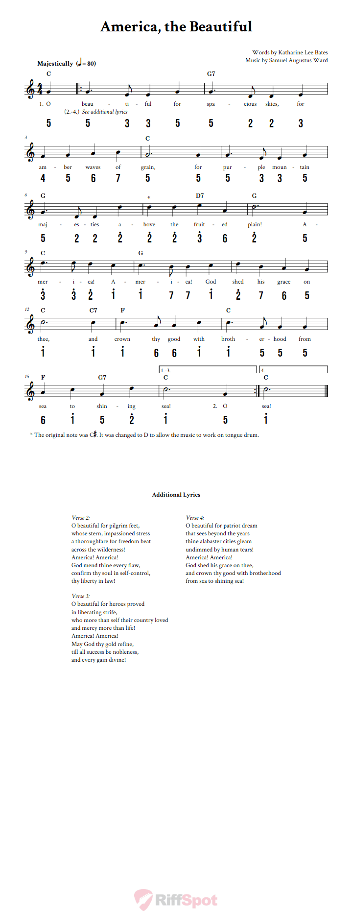 America, the Beautiful 15-Note Tongue Drum Sheet Music