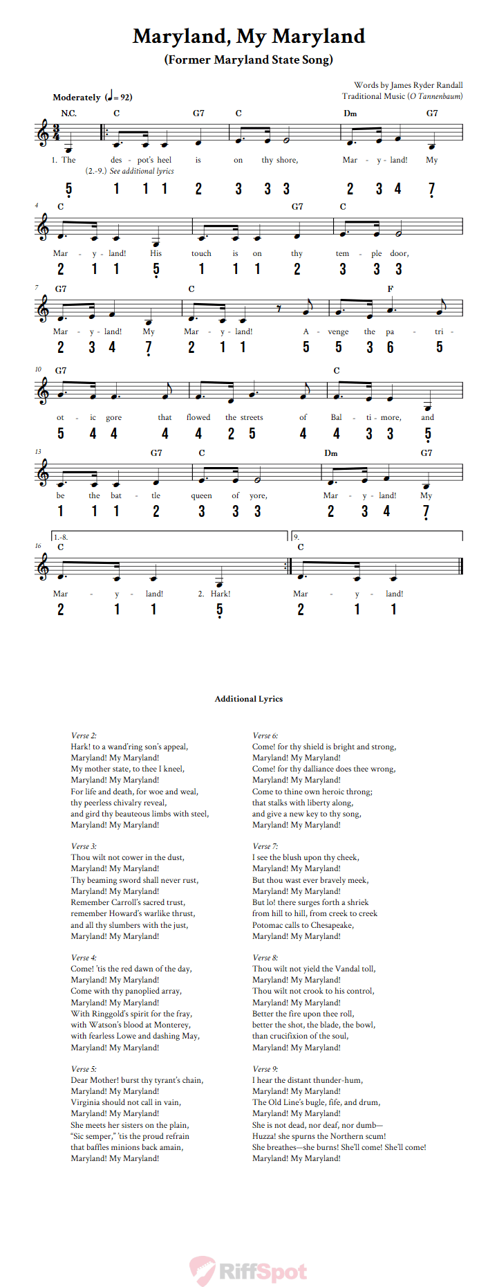 Maryland, My Maryland 15-Note Tongue Drum Sheet Music