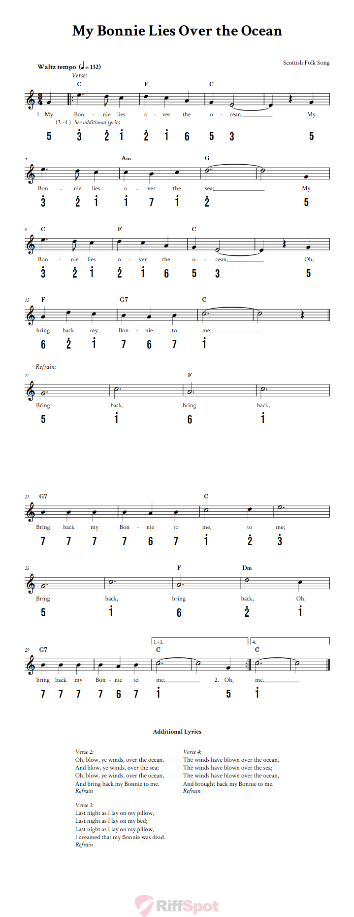 My Bonnie Lies Over the Ocean 15-Note Tongue Drum Sheet Music
