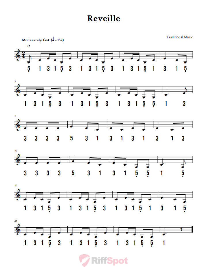 Reveille 15-Note Tongue Drum Sheet Music
