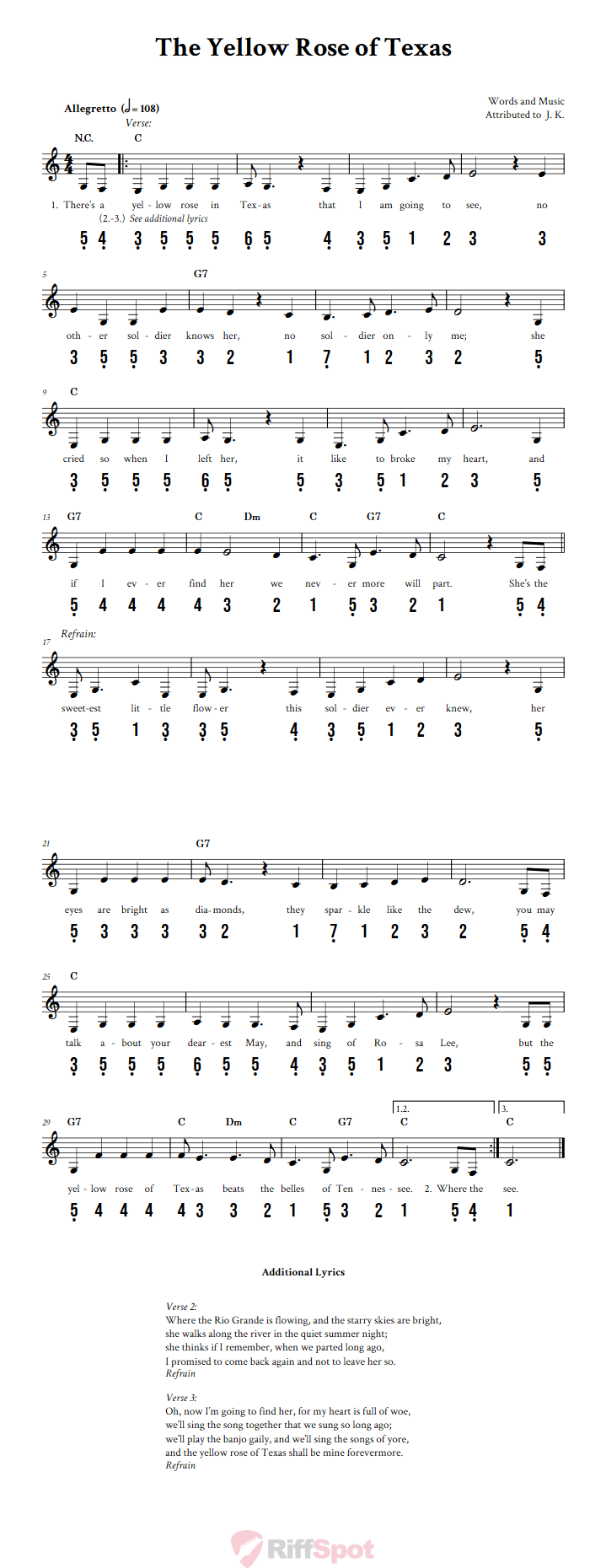 The Yellow Rose of Texas 15-Note Tongue Drum Sheet Music