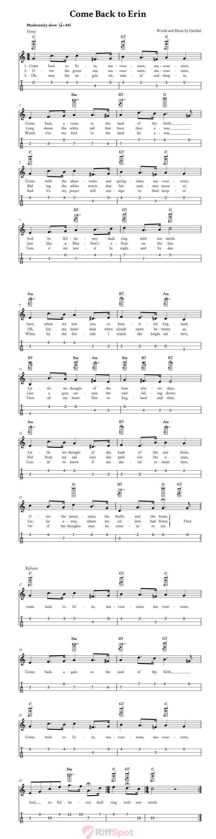 Come Back to Erin 3-String Cigar Box Guitar Tab