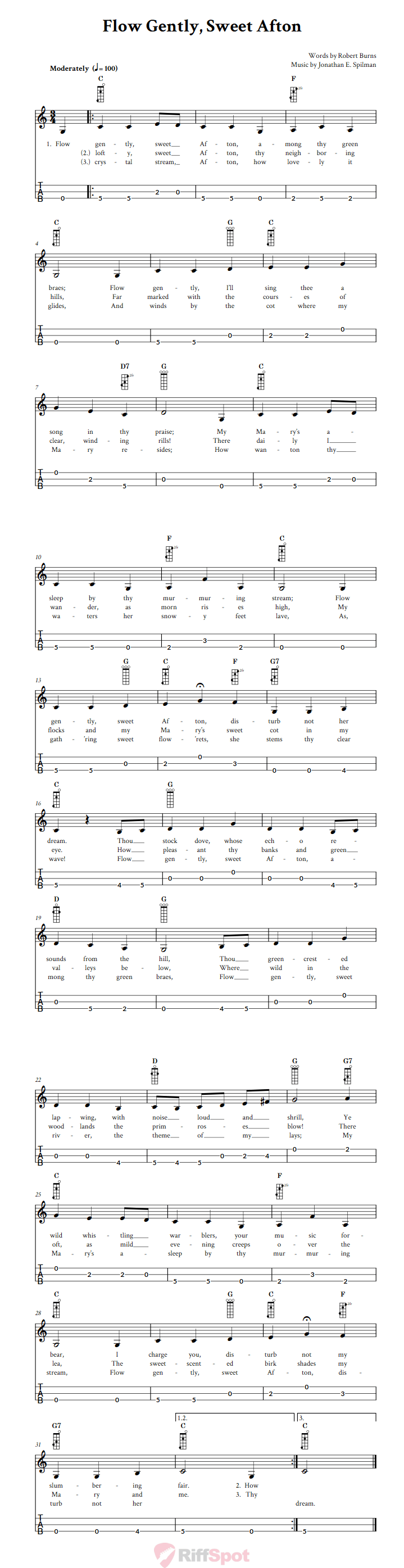 Flow Gently, Sweet Afton 3-String Cigar Box Guitar Tab