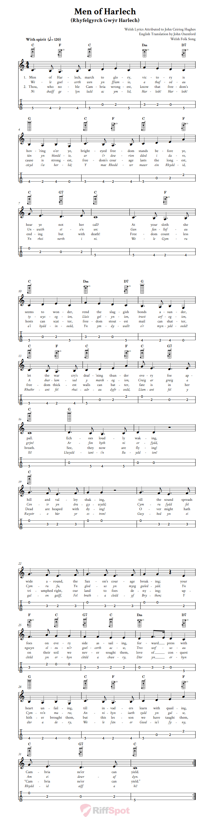 Men of Harlech 3-String Cigar Box Guitar Tab
