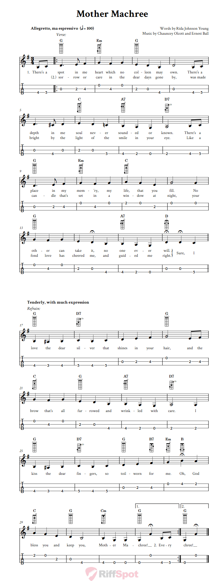 Mother Machree 3-String Cigar Box Guitar Tab