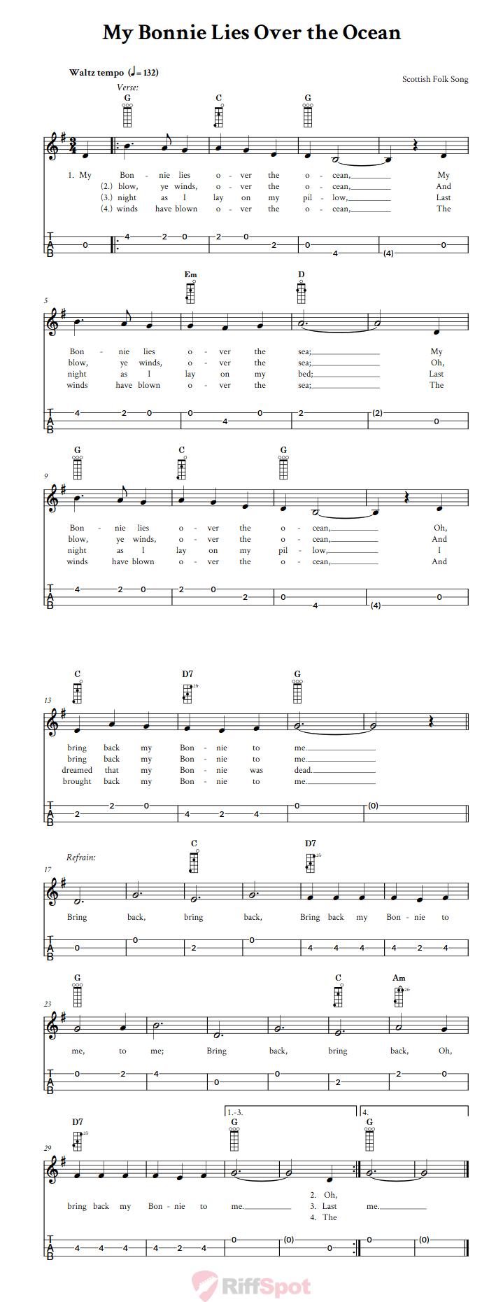 My Bonnie Lies Over the Ocean 3-String Cigar Box Guitar Tab