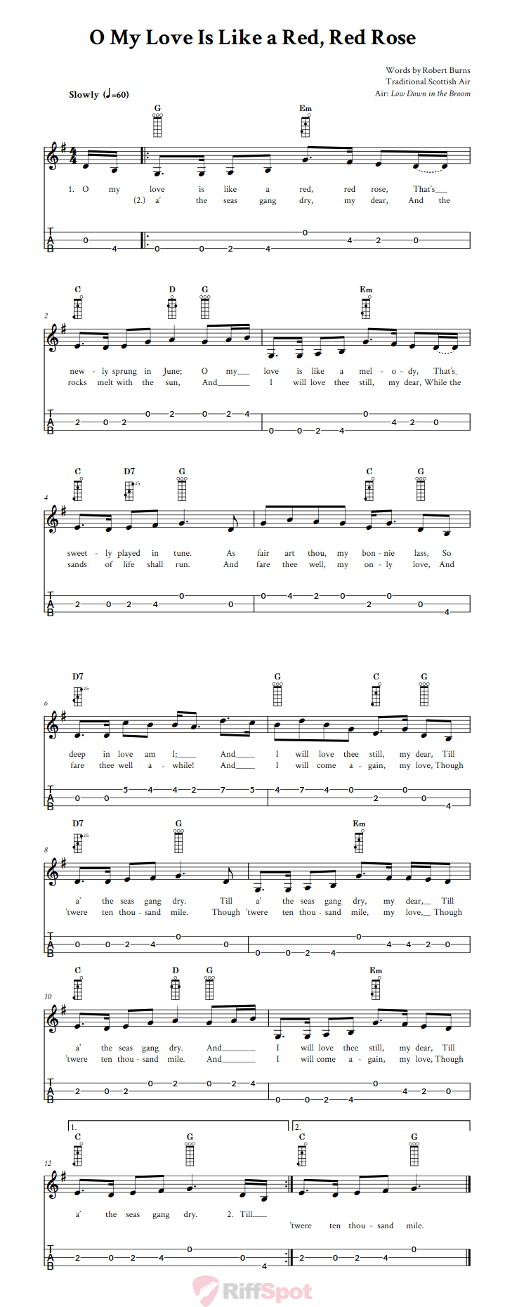 O My Love Is Like a Red, Red Rose 3-String Cigar Box Guitar Tab