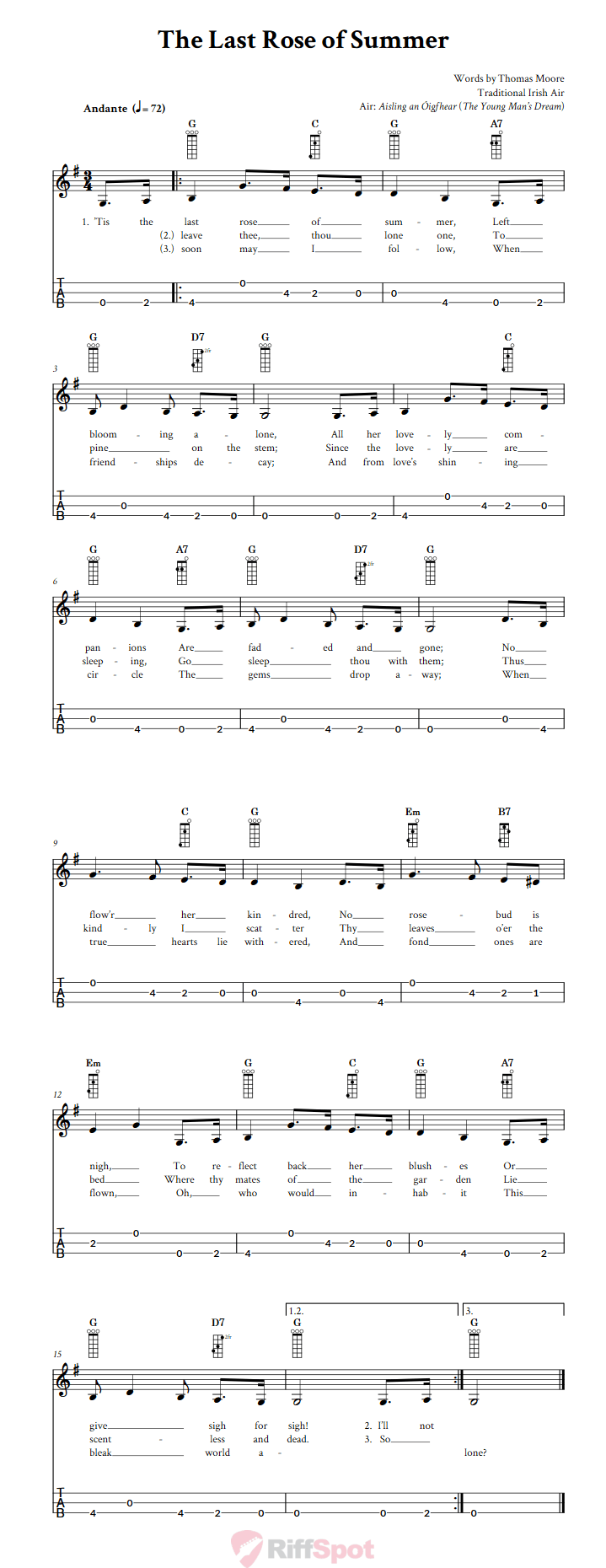 The Last Rose of Summer 3-String Cigar Box Guitar Tab