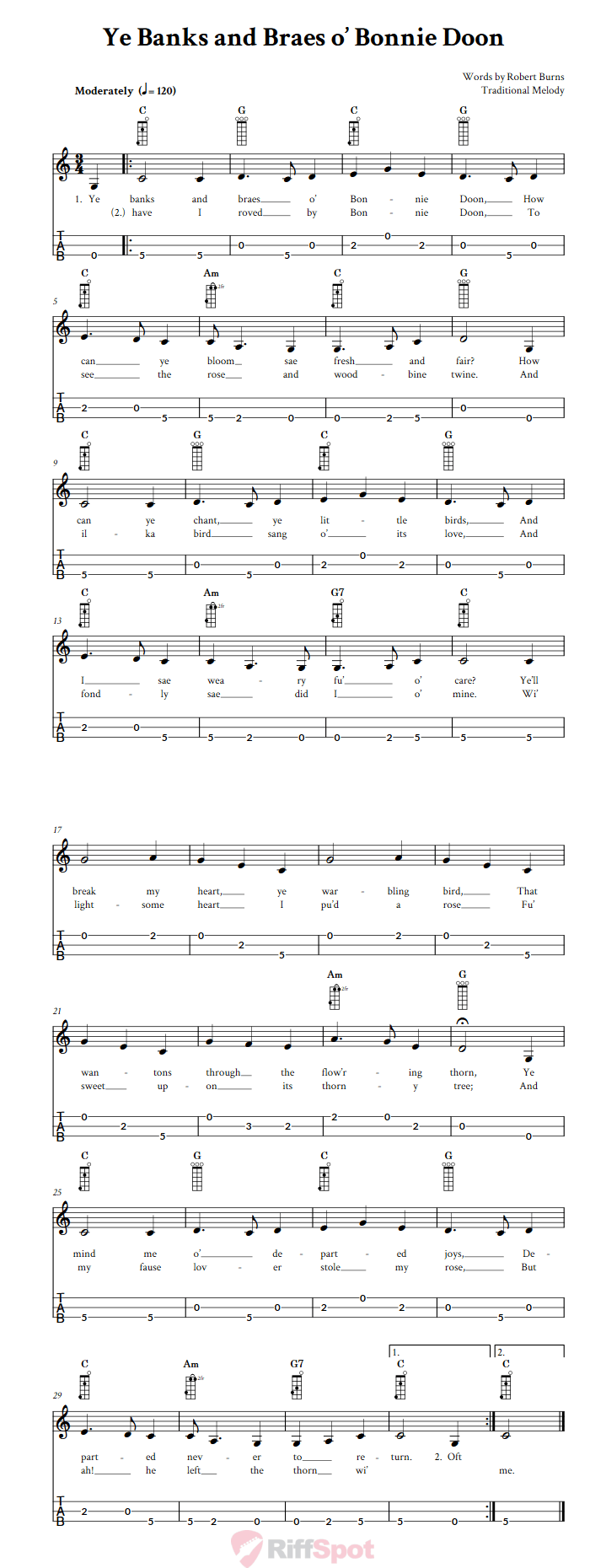 Ye Banks And Braes o' Bonnie Doon 3-String Cigar Box Guitar Tab