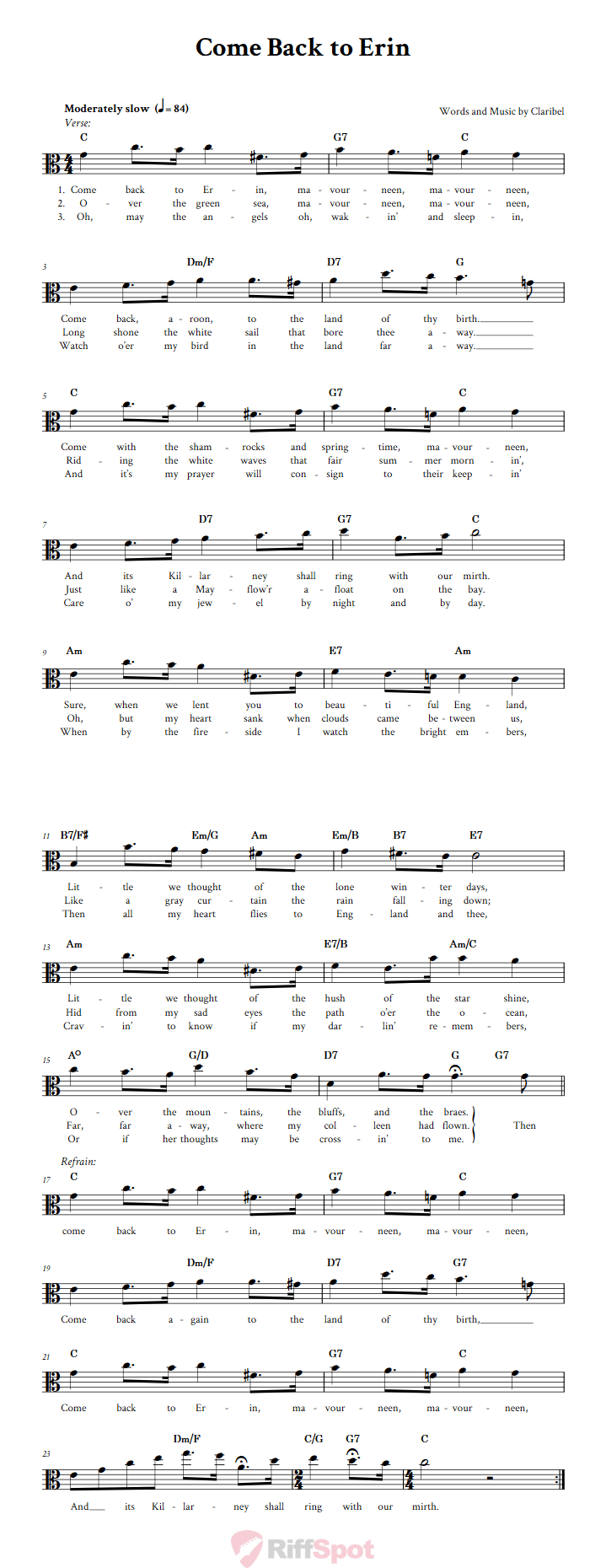 Come Back to Erin Alto Clef Sheet Music