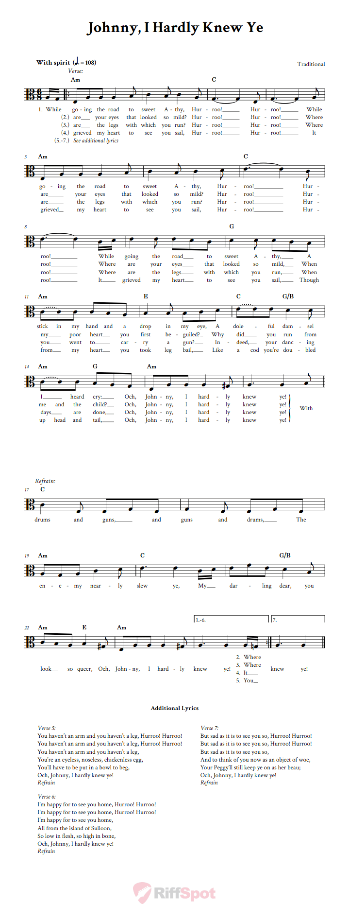 Johnny, I Hardly Knew Ye Alto Clef Sheet Music