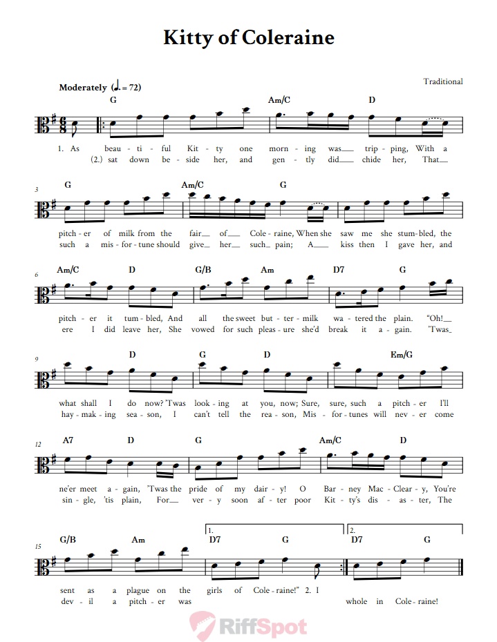 Kitty of Coleraine Alto Clef Sheet Music