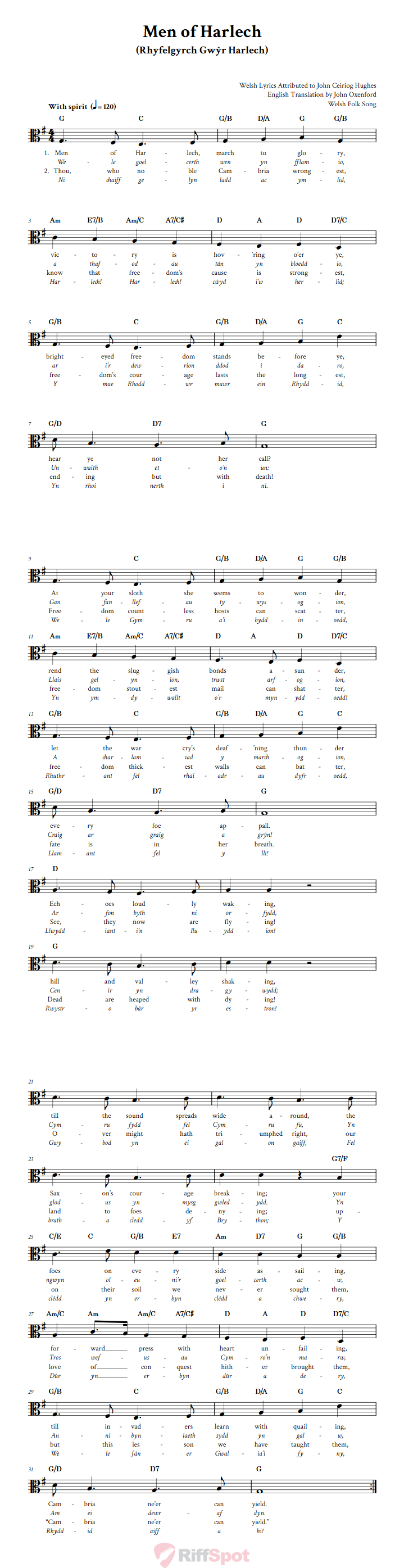 Men of Harlech Alto Clef Sheet Music