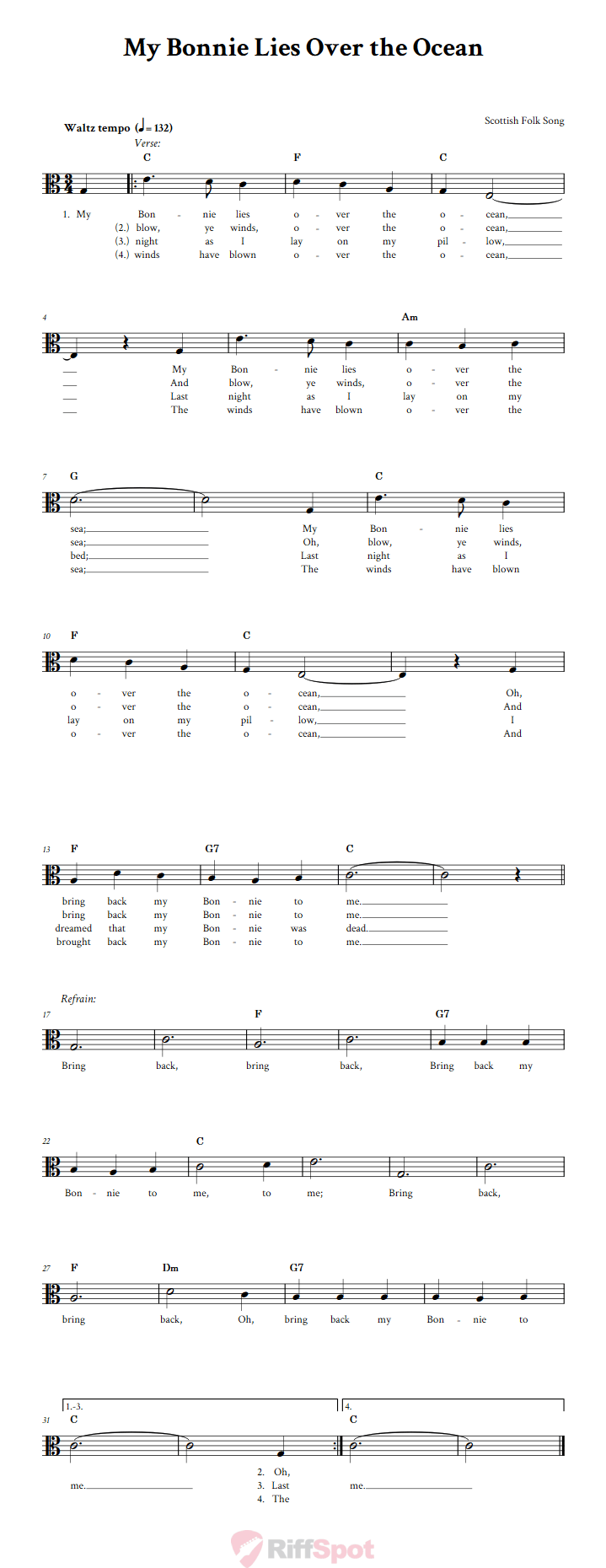 My Bonnie Lies Over the Ocean Alto Clef Sheet Music