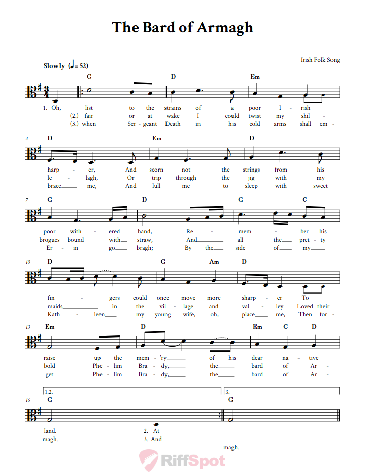 The Bard of Armagh Alto Clef Sheet Music