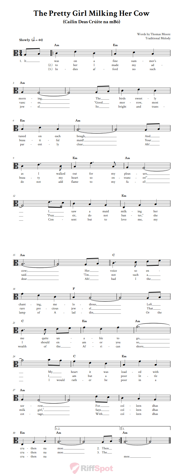 The Pretty Girl Milking Her Cow Alto Clef Sheet Music