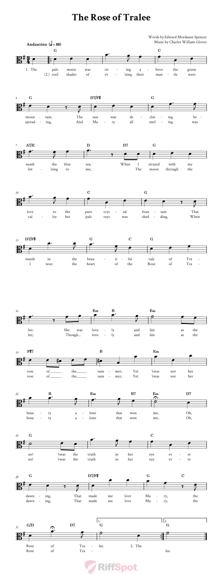 The Rose of Tralee Alto Clef Sheet Music