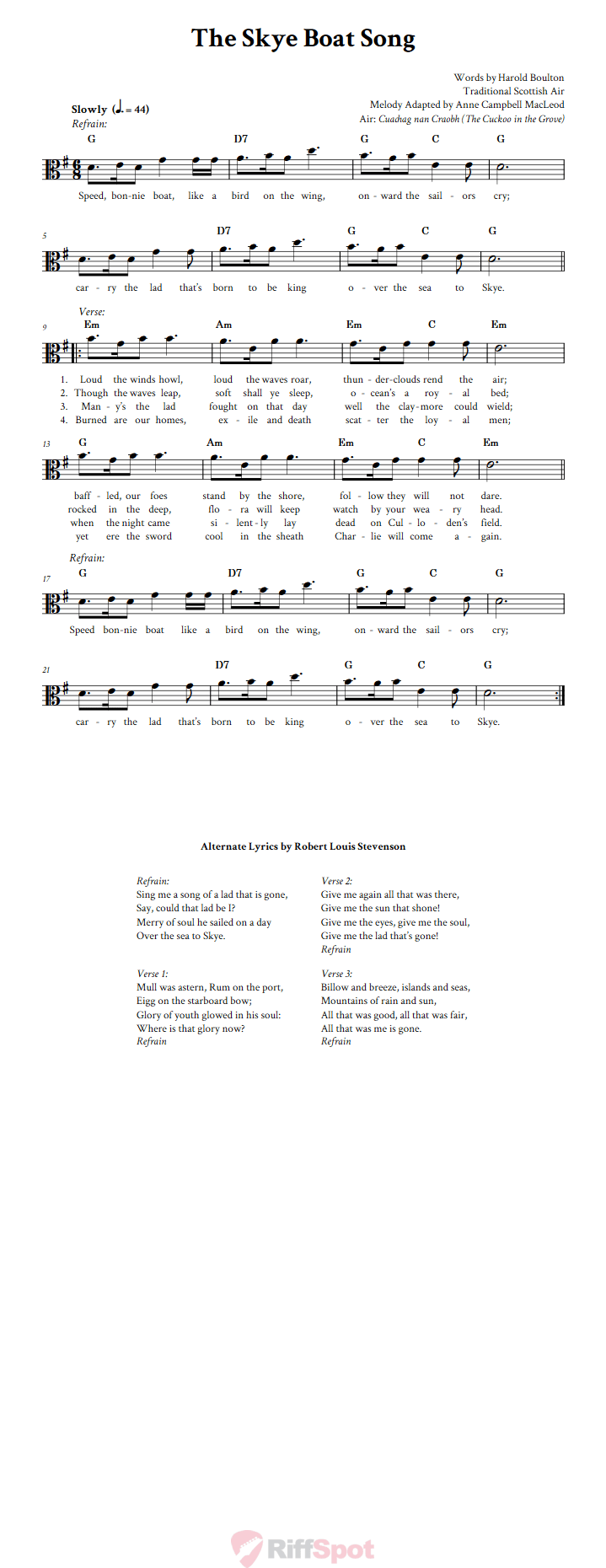 The Skye Boat Song Alto Clef Sheet Music