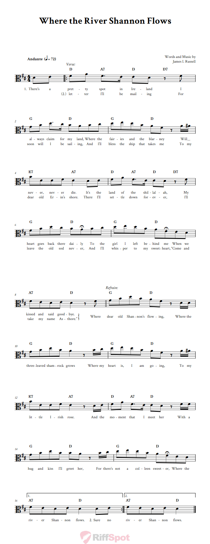 Where the River Shannon Flows Alto Clef Sheet Music
