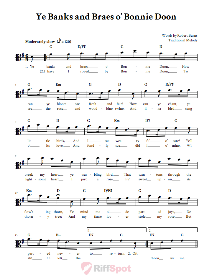 Ye Banks And Braes o' Bonnie Doon Alto Clef Sheet Music