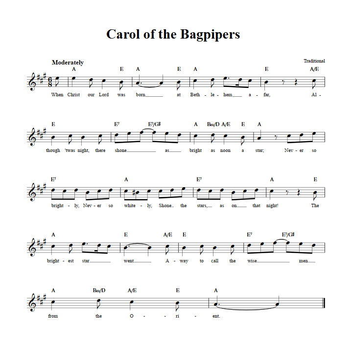Carol of the Bagpipers Sheet Music for Clarinet, Trumpet, etc.