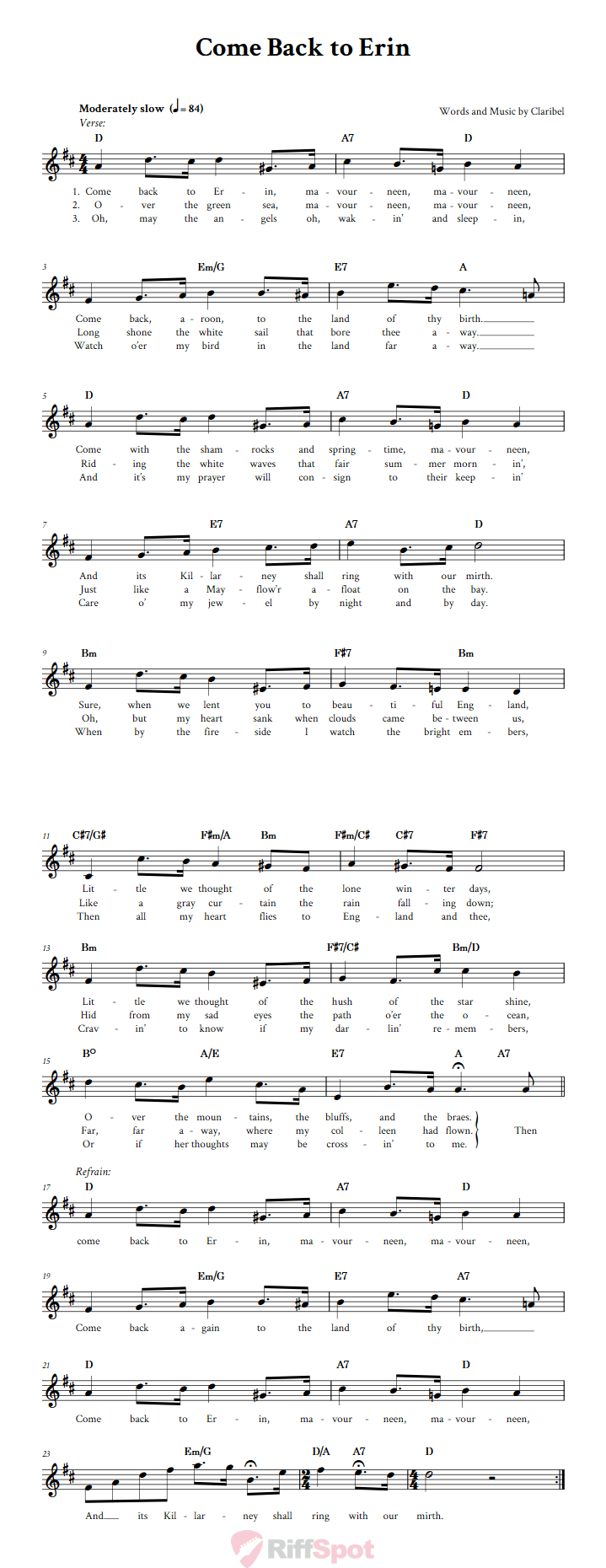 Come Back to Erin Sheet Music for Clarinet, Trumpet, etc.