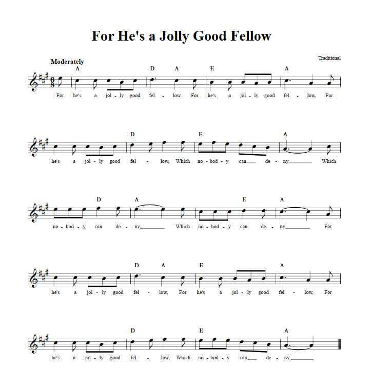 For He's a Jolly Good Fellow Sheet Music for Clarinet, Trumpet, etc.