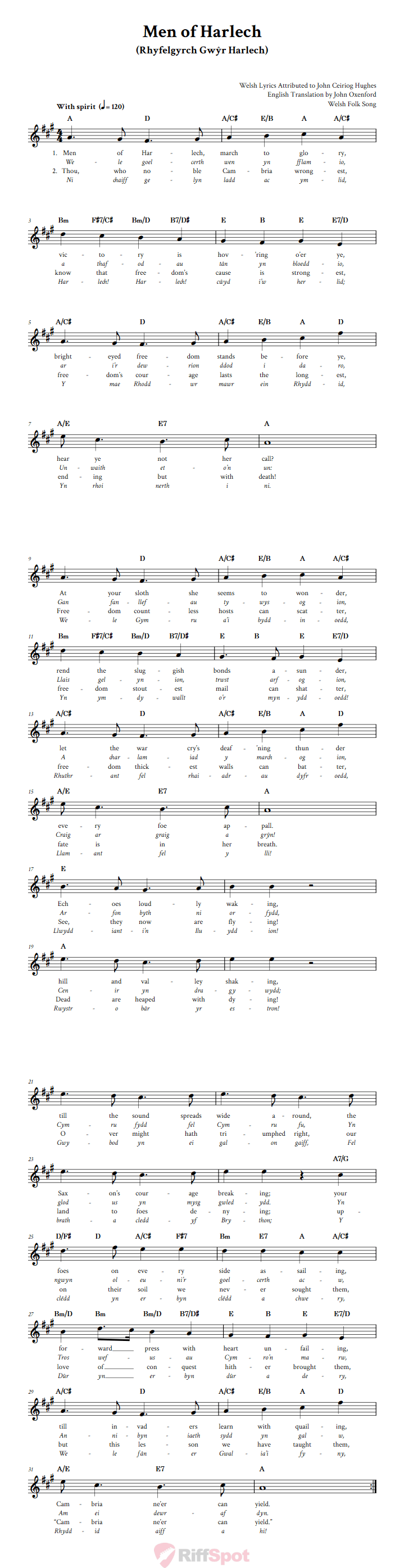 Men of Harlech Sheet Music for Clarinet, Trumpet, etc.