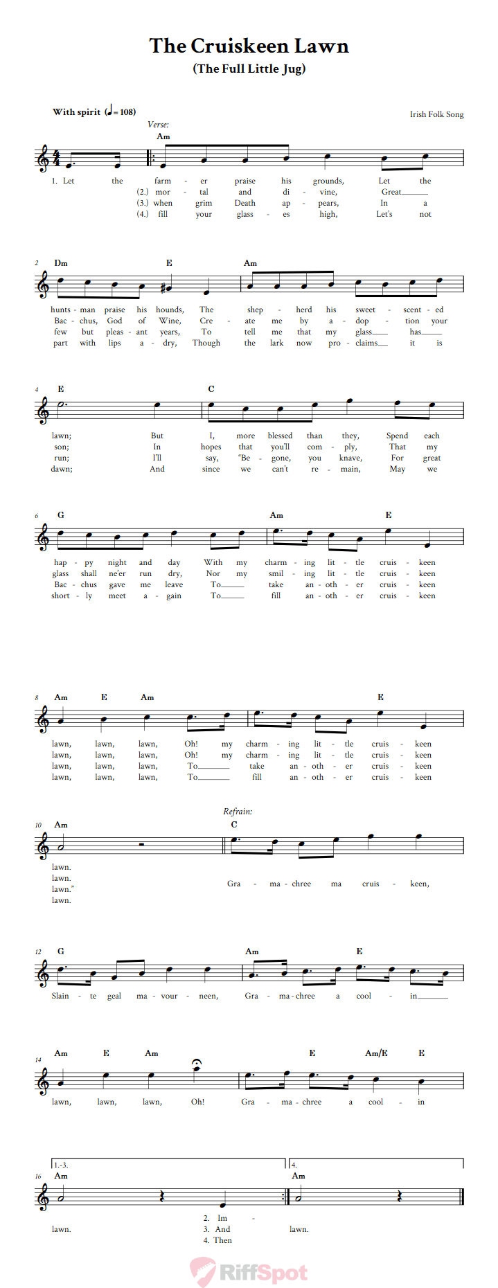 The Cruiskeen Lawn Sheet Music for Clarinet, Trumpet, etc.