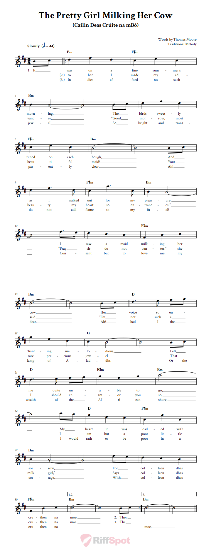 The Pretty Girl Milking Her Cow Sheet Music for Clarinet, Trumpet, etc.