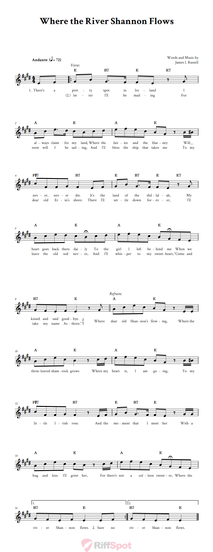 Where the River Shannon Flows Sheet Music for Clarinet, Trumpet, etc.