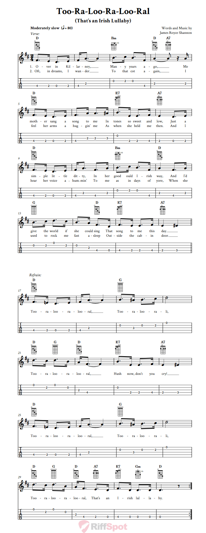 Too-Ra-Loo-Ra-Loo-Ral (That's an Irish Lullaby) Banjo Tab