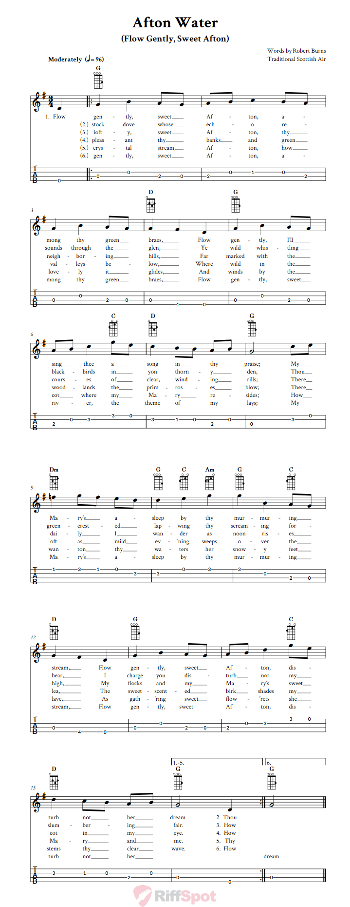 Afton Water Baritone Ukulele Tab