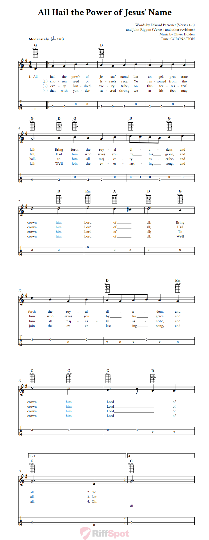 All Hail the Power of Jesus' Name Baritone Ukulele Tab