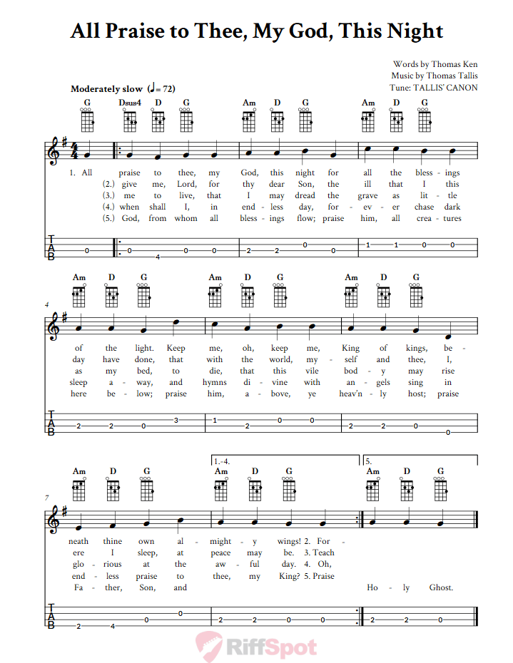 All Praise to Thee, My God, This Night Baritone Ukulele Tab