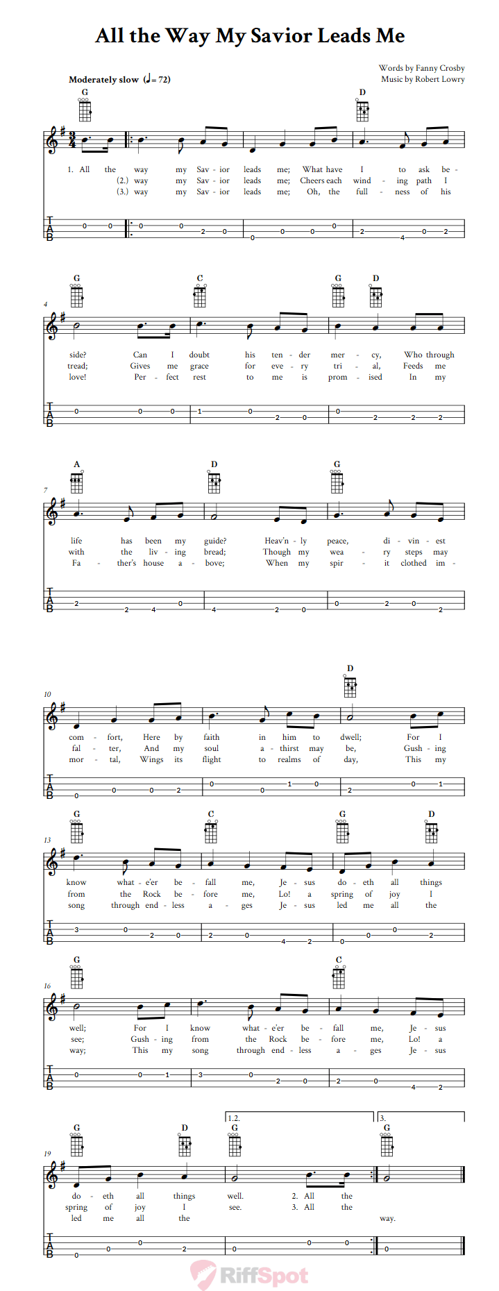 All the Way My Savior Leads Me Baritone Ukulele Tab