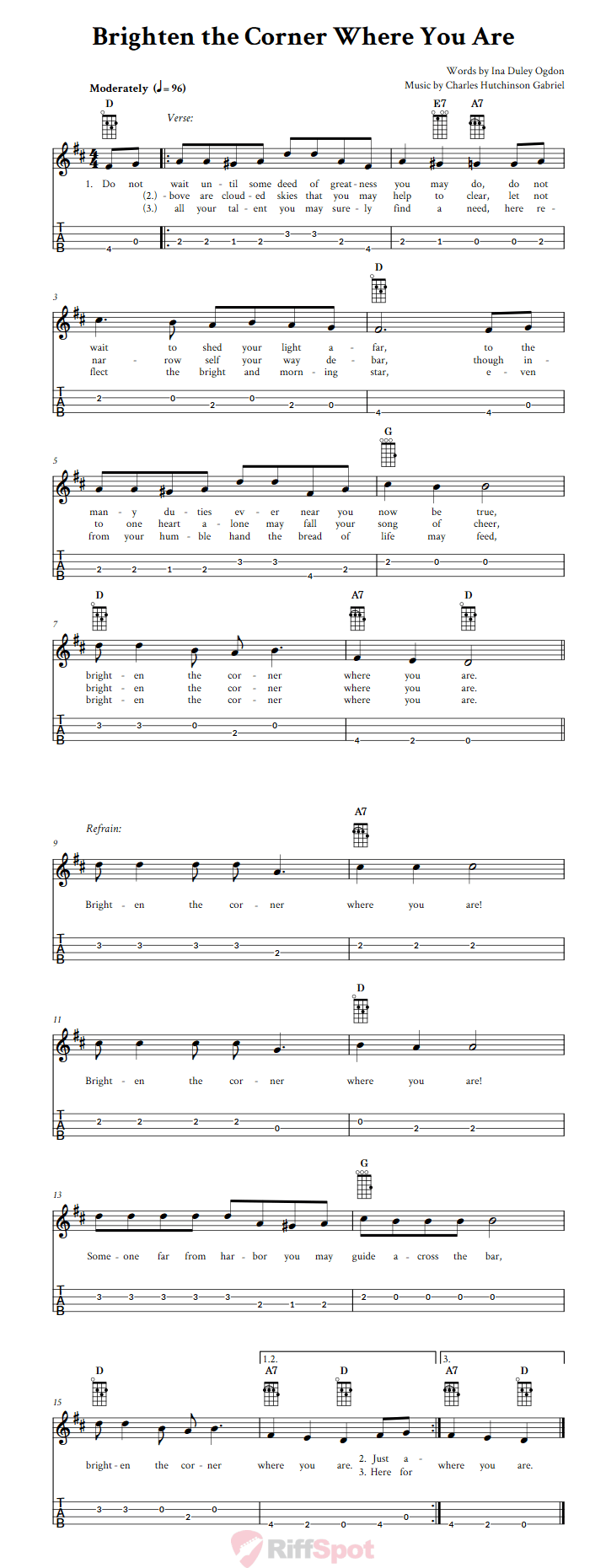 Brighten the Corner Where You Are Baritone Ukulele Tab