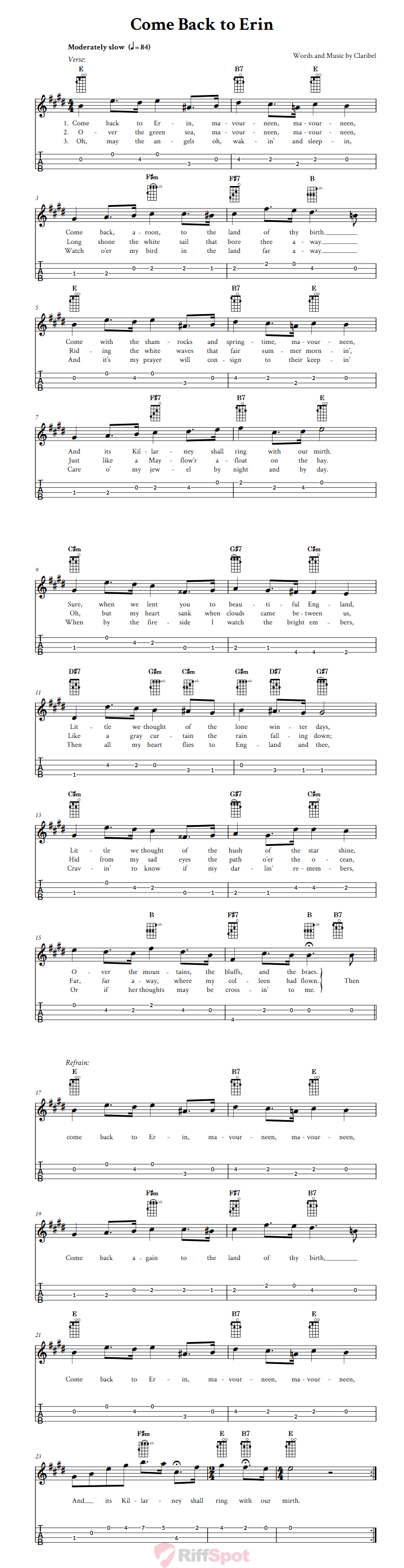 Come Back to Erin Baritone Ukulele Tab