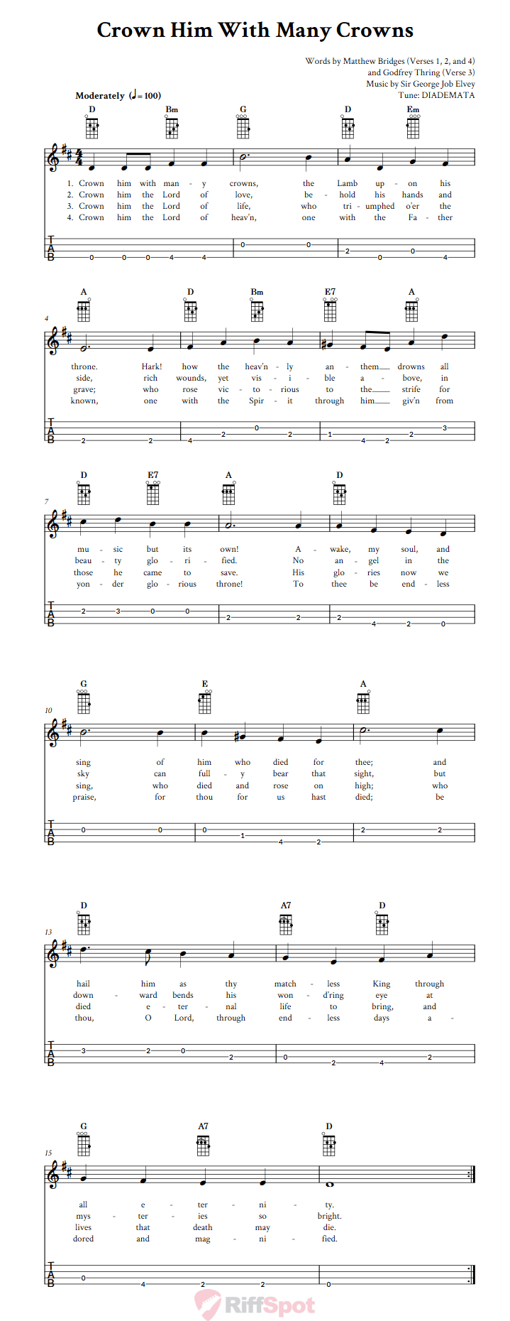 Crown Him with Many Crowns Baritone Ukulele Tab