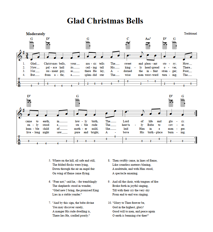 Glad Christmas Bells  Baritone Ukulele Tab