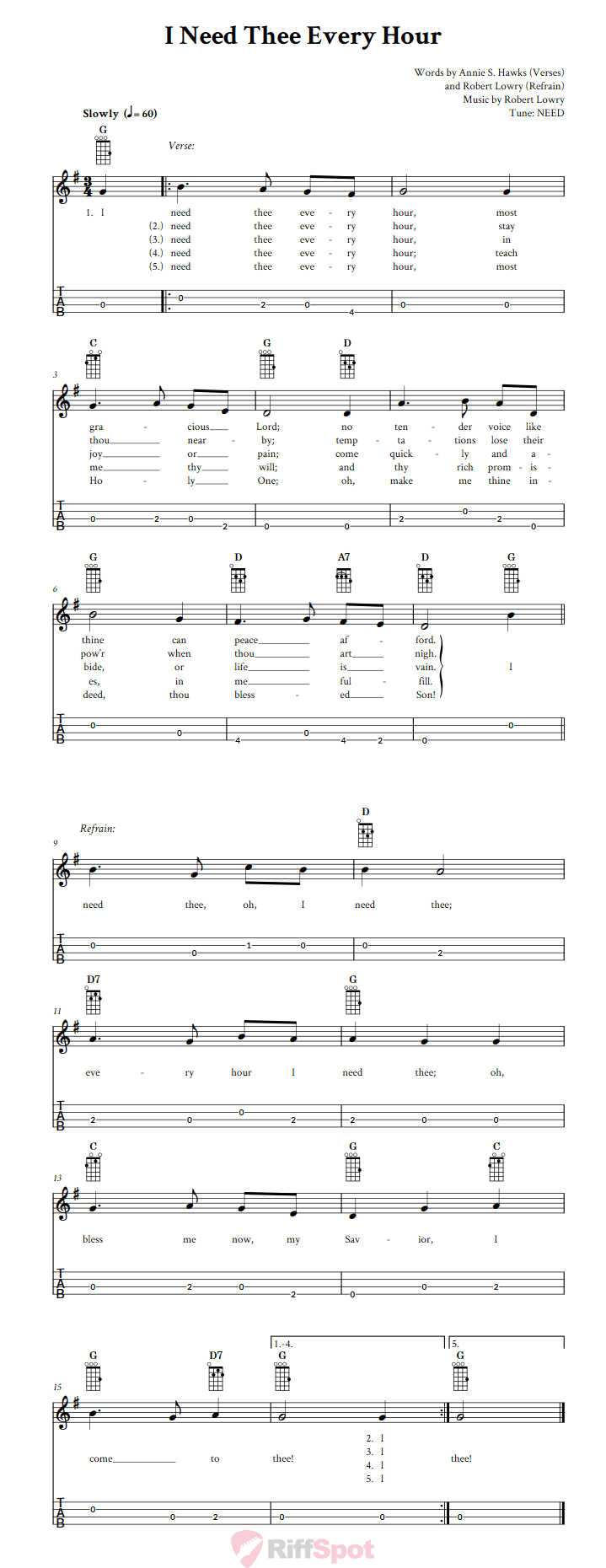 I Need Thee Every Hour Baritone Ukulele Tab