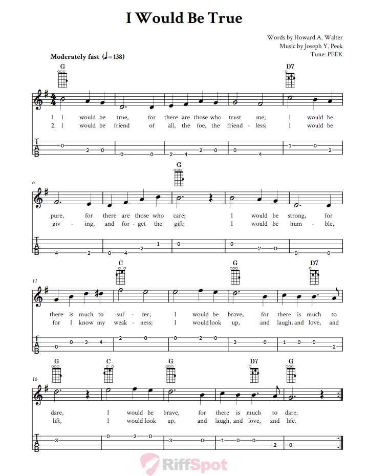 I Would Be True Baritone Ukulele Tab
