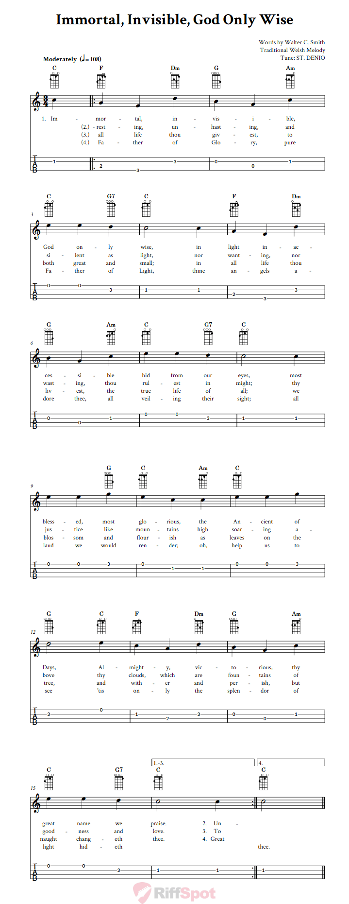 Immortal, Invisible, God Only Wise Baritone Ukulele Tab