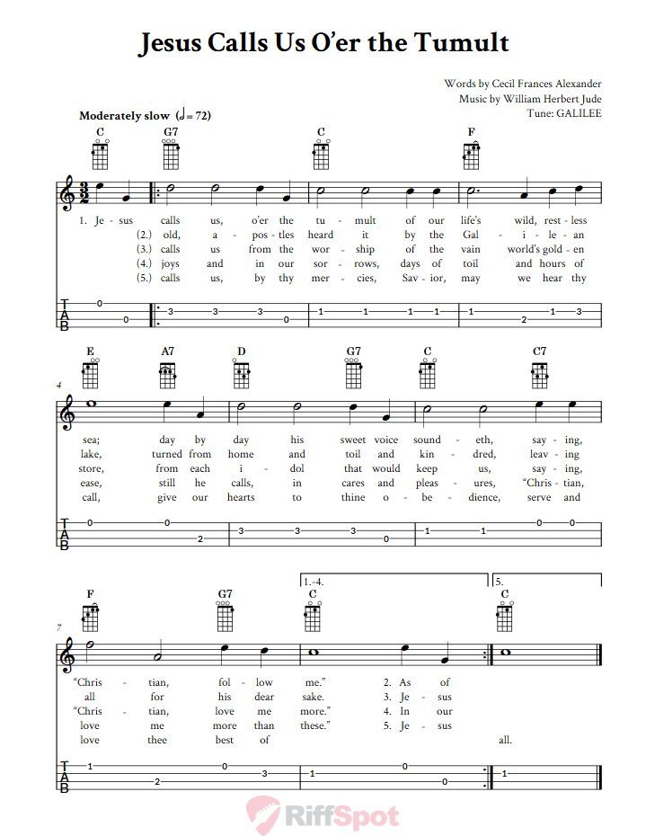 Jesus Calls Us O'er the Tumult Baritone Ukulele Tab