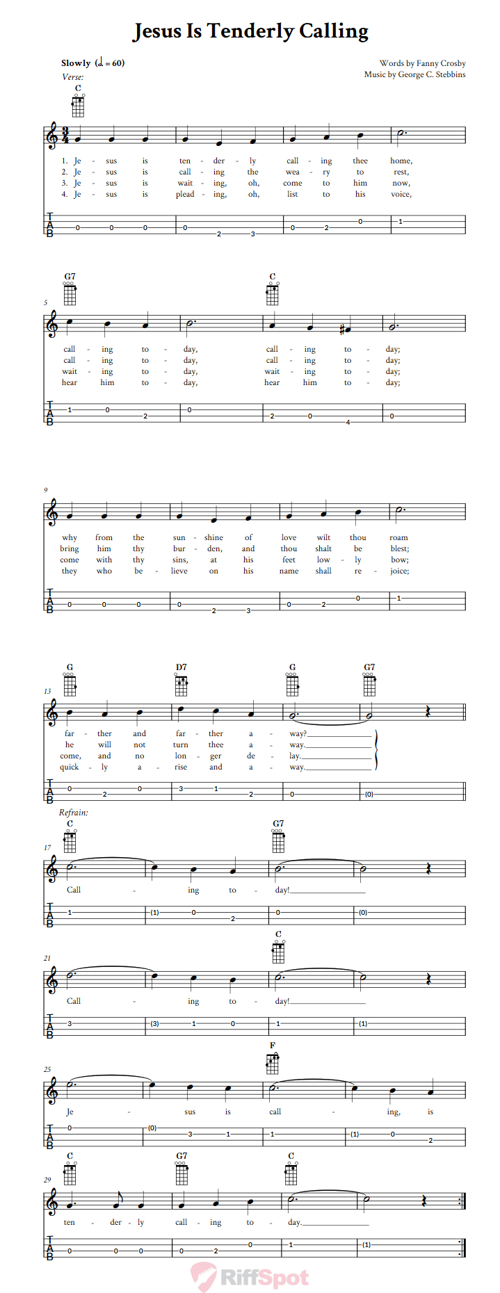 Jesus Is Tenderly Calling Baritone Ukulele Tab