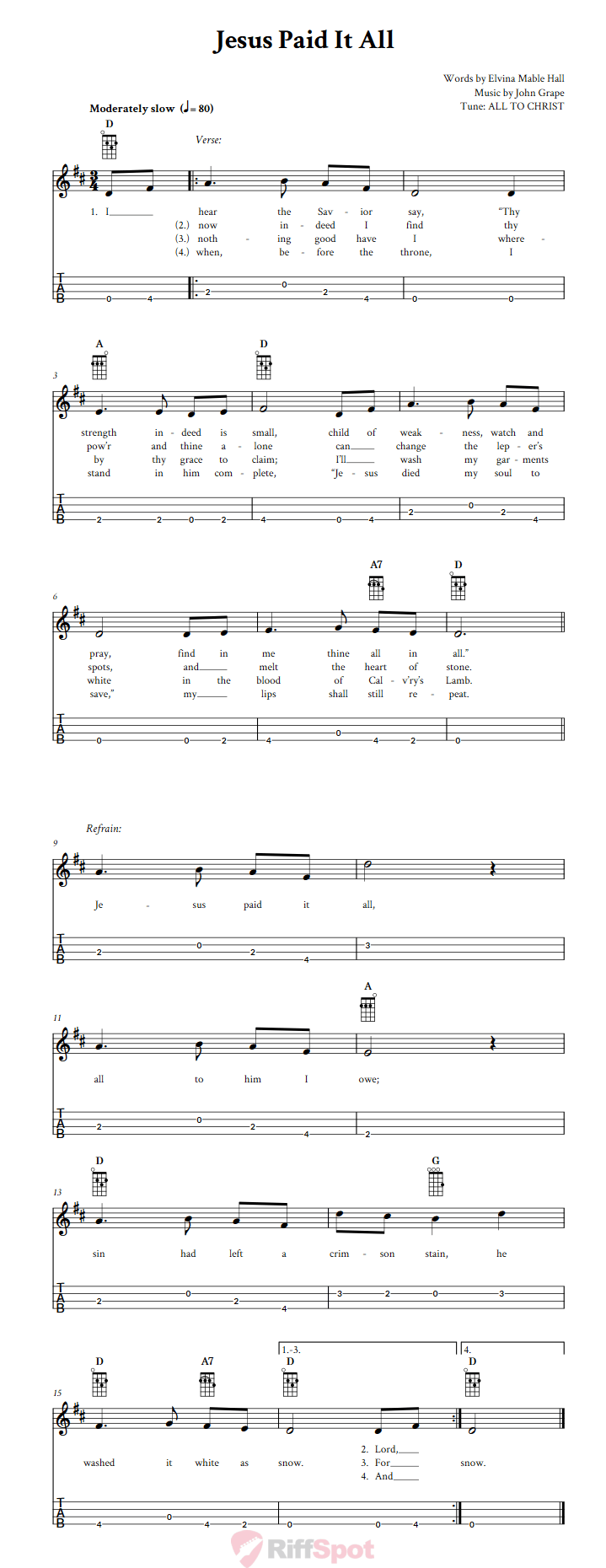 Jesus Paid It All Baritone Ukulele Tab