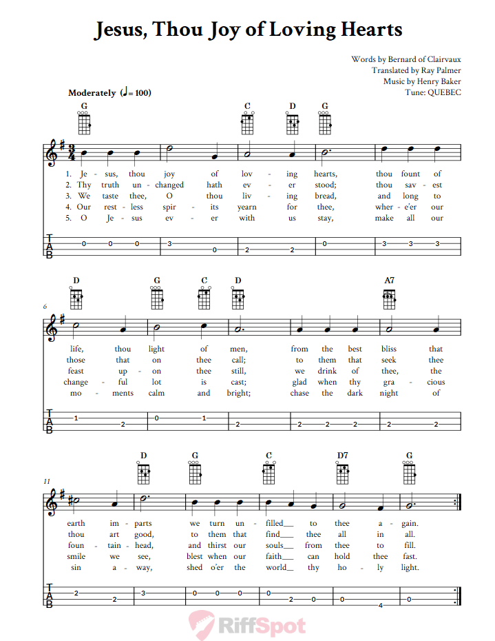 Jesus, Thou Joy of Loving Hearts Baritone Ukulele Tab