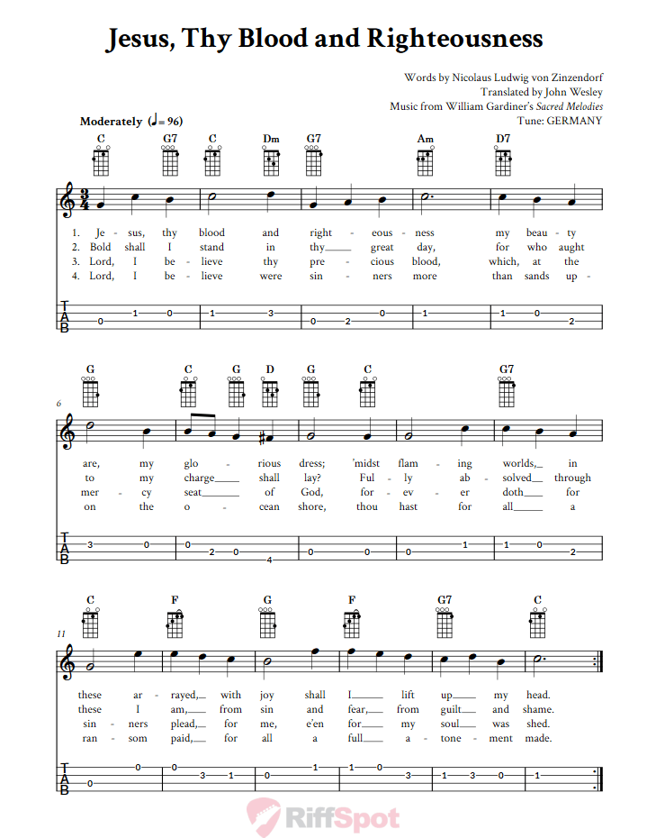 Jesus, Thy Blood and Righteousness Baritone Ukulele Tab