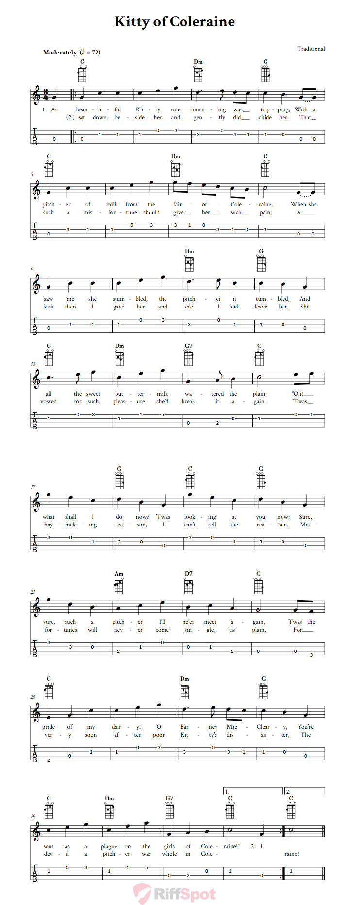 Kitty of Coleraine Baritone Ukulele Tab