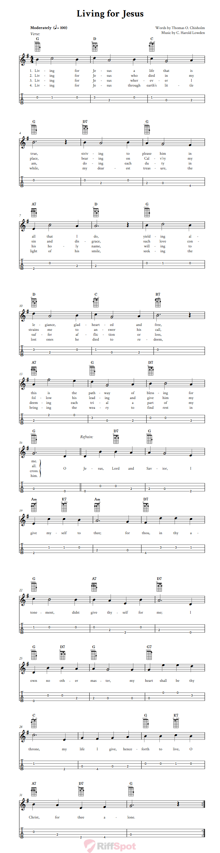 Living For Jesus Baritone Ukulele Tab